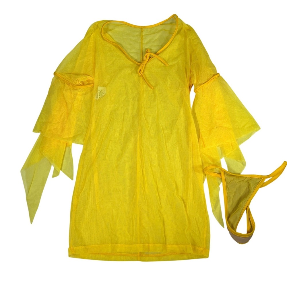 Zuliana Womens Yellow Sheer Mesh Swim Cover Up Dress Bell Sleeve Thong Set Small